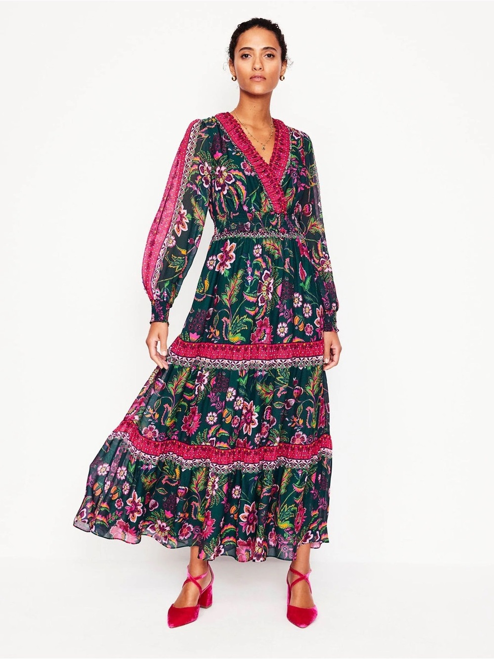 Boden Women's Floral V-Neck Maxi Dress in Dark Green and Pink